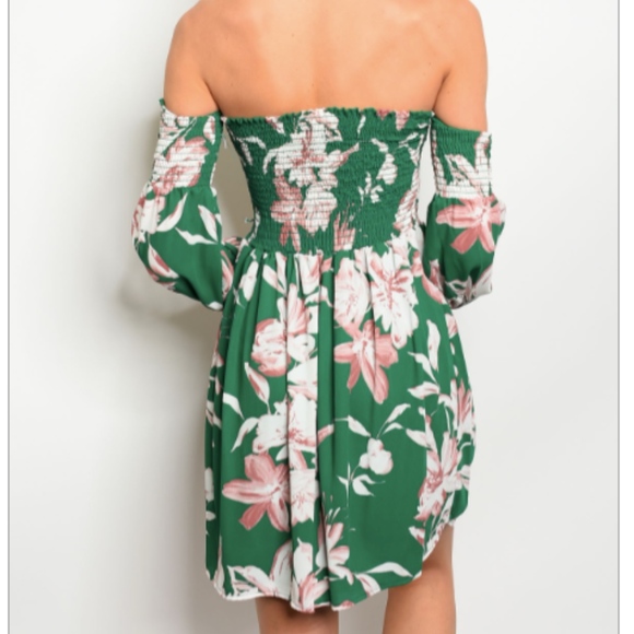 LAST 1: Green Floral Boho Off Shoulder Dress - Picture 2 of 5